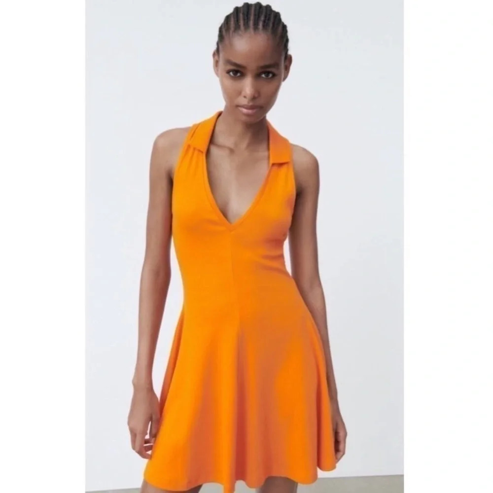 Zara Orange Ribbed Tennis Dress Collared Fit & Flare​​​​​​​​​​